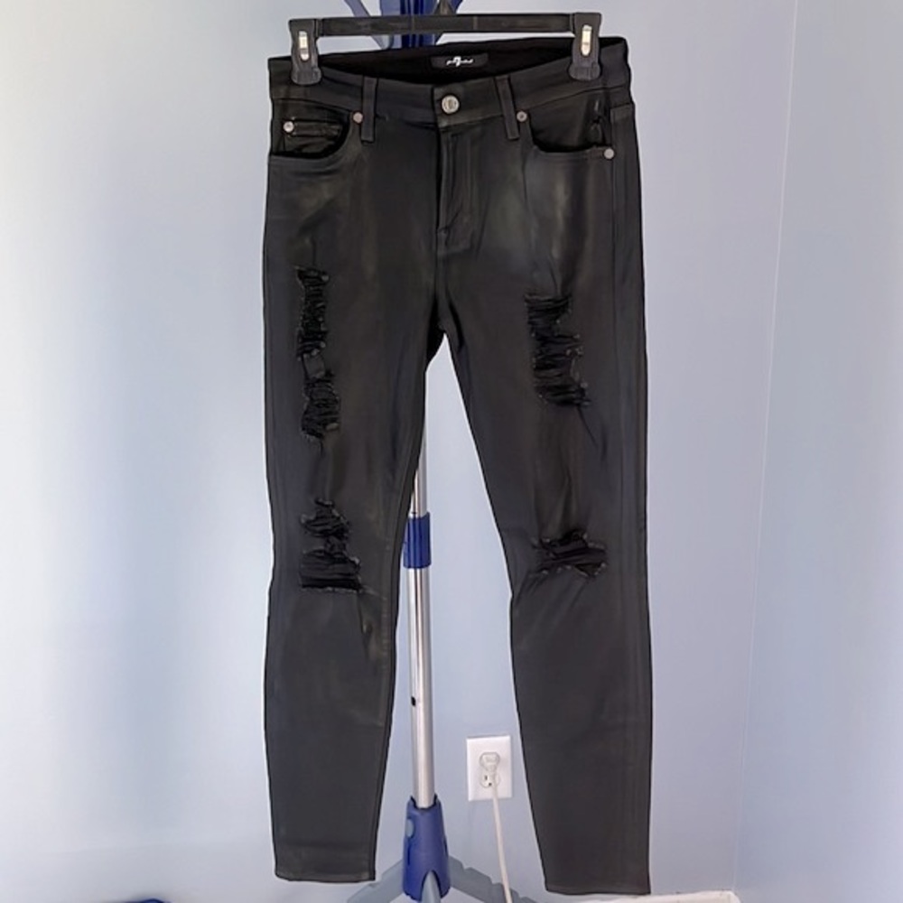7 For All Mandkind Black Lacquer Coated Distressed Skinny Jeans Size 28